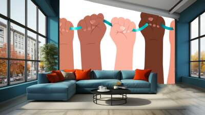 Diverse women`s hands hold a teal ribbon. Modern flat vector illustration.  Awareness for cervical cancer, Ovarian Cancer, and Polycystic Ovary Syndrome (PCOS). Wall mural